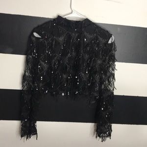 Black sequin fringe crop top